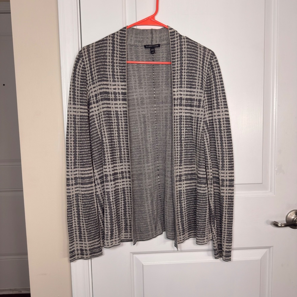 Eileen Fisher Gray Plaid Open Front Cardigan Tencel Merino Wool Size Medium